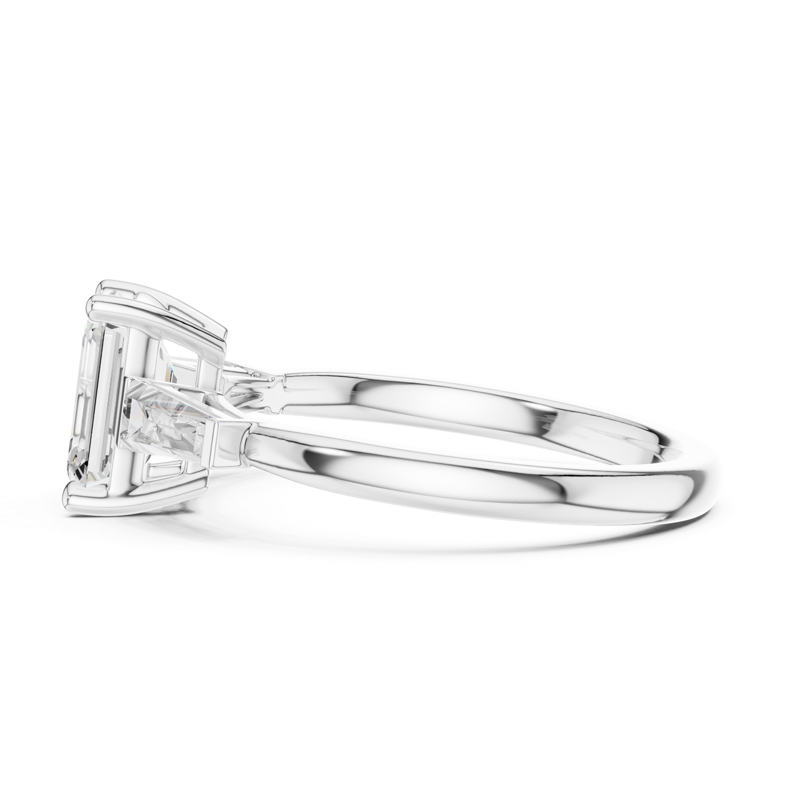 Gold Three-Stone Baguette Engagement Ring, Emerald center stone, White Gold, view 3