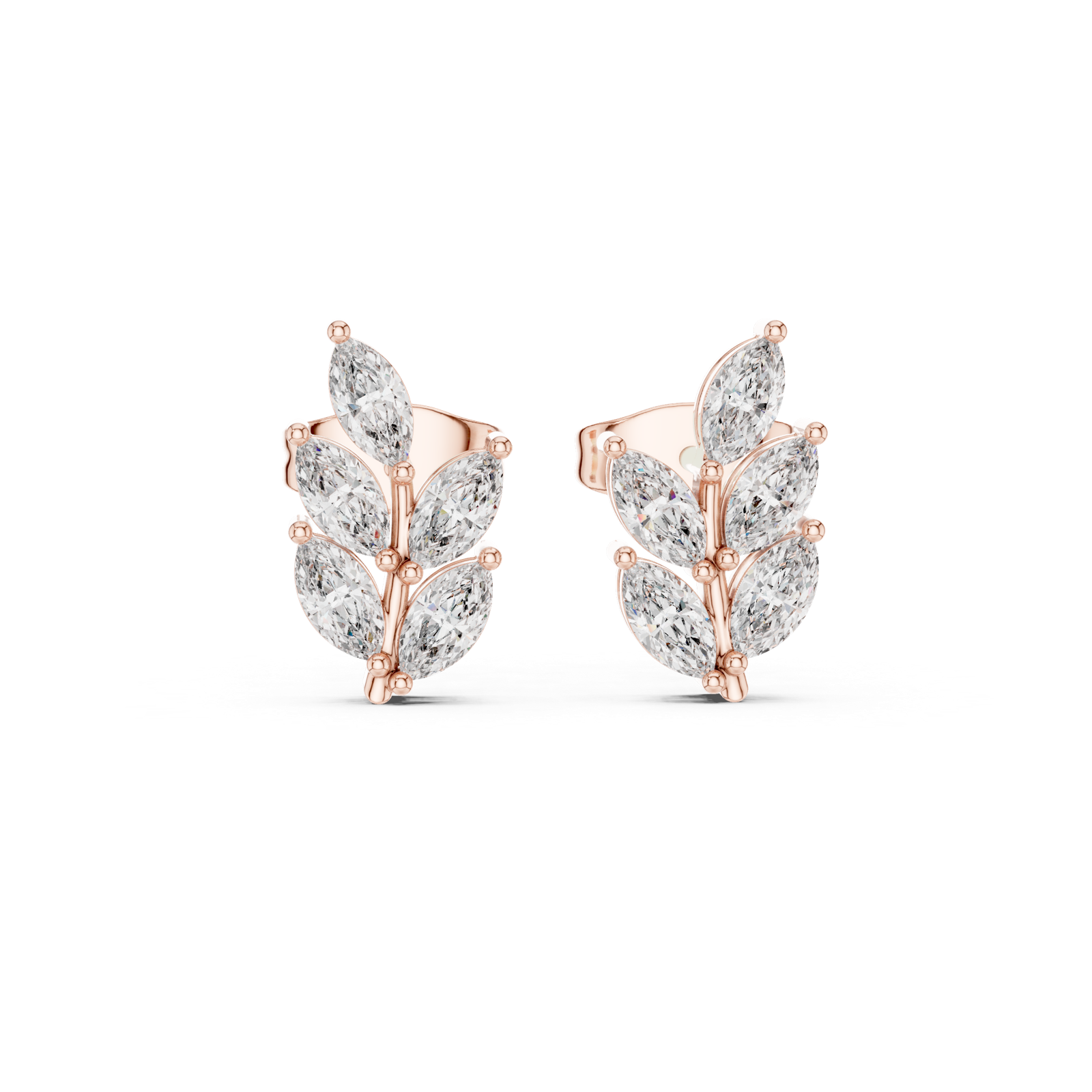 14K Solid Gold Lab Diamond Leaf Cluster Earrings, Rose Gold