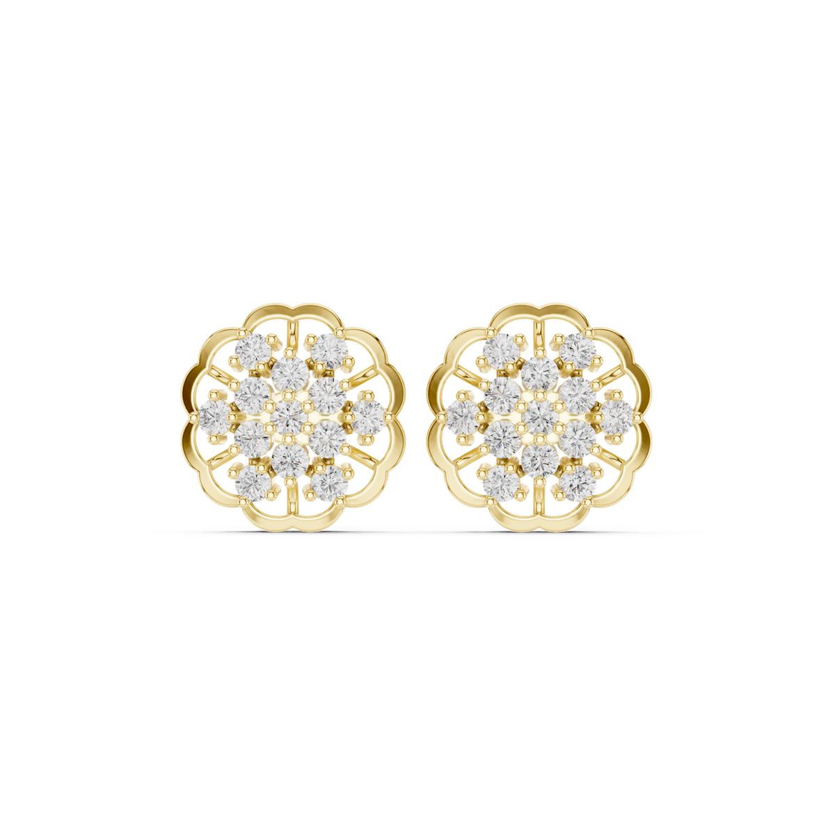 14K Solid Gold Lab Diamond Flower Halo Earrings, Yellow Gold