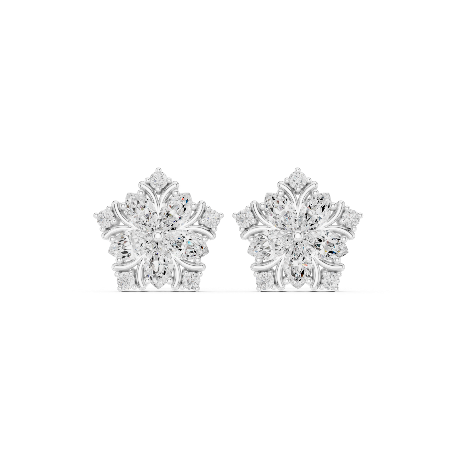 14K Solid Gold Lab Diamond Flower Cluster Earrings, White Gold