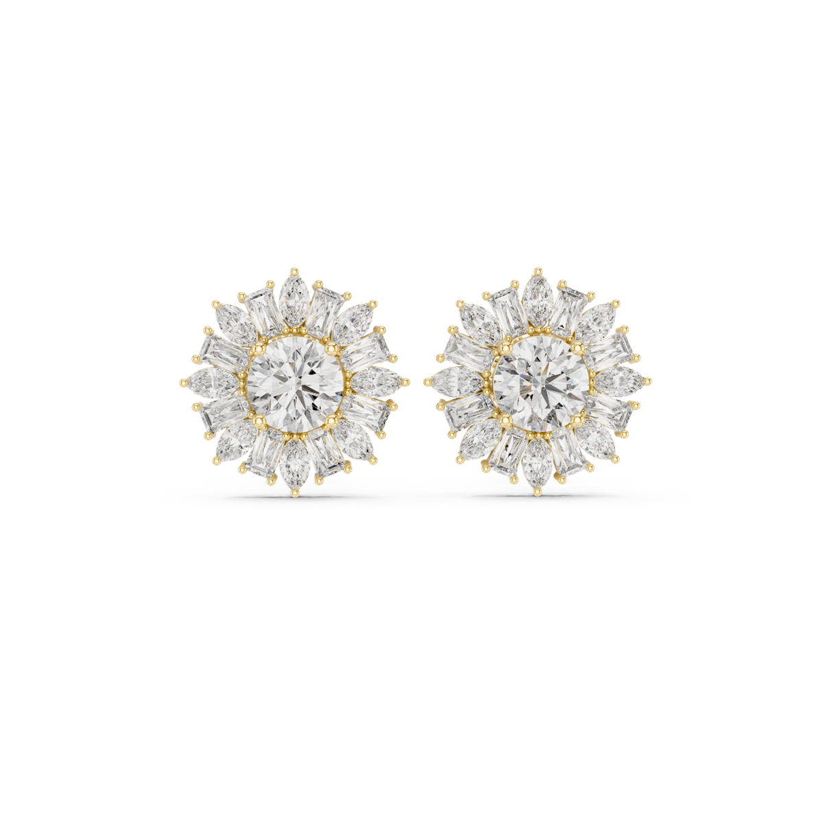 14K Solid Gold Lab Diamond Flower Halo Earrings, Yellow Gold