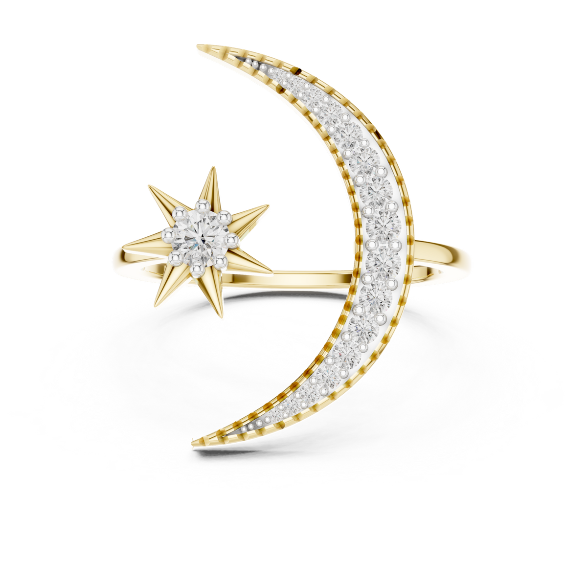 14K Solid Gold Lab Diamond Moon Cluster Ring, Yellow Gold