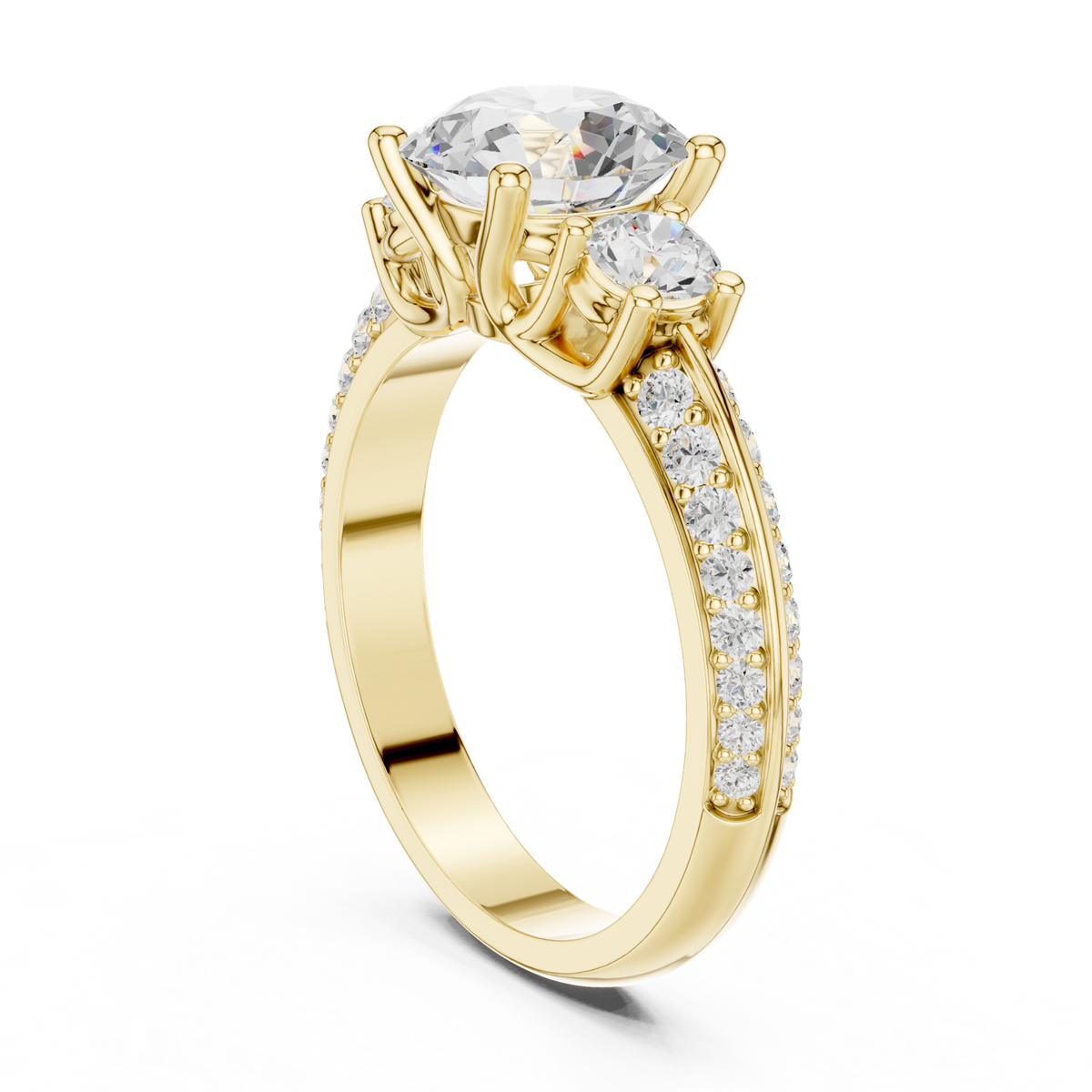 14K Solid Gold Lab Diamond Three-Stone Ring, Yellow Gold, view 1