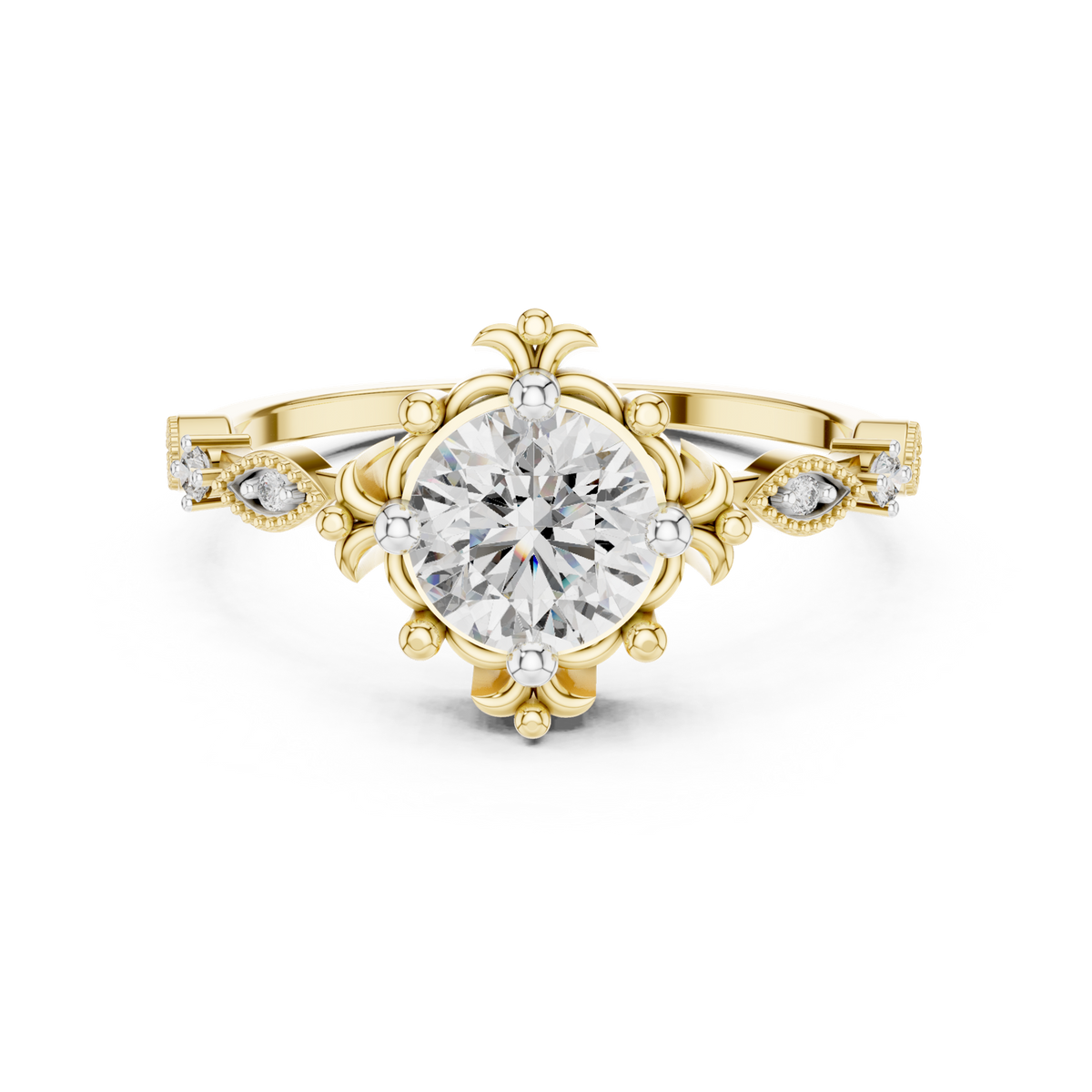 14K Solid Gold Lab Diamond Vintage Ring, Yellow Gold