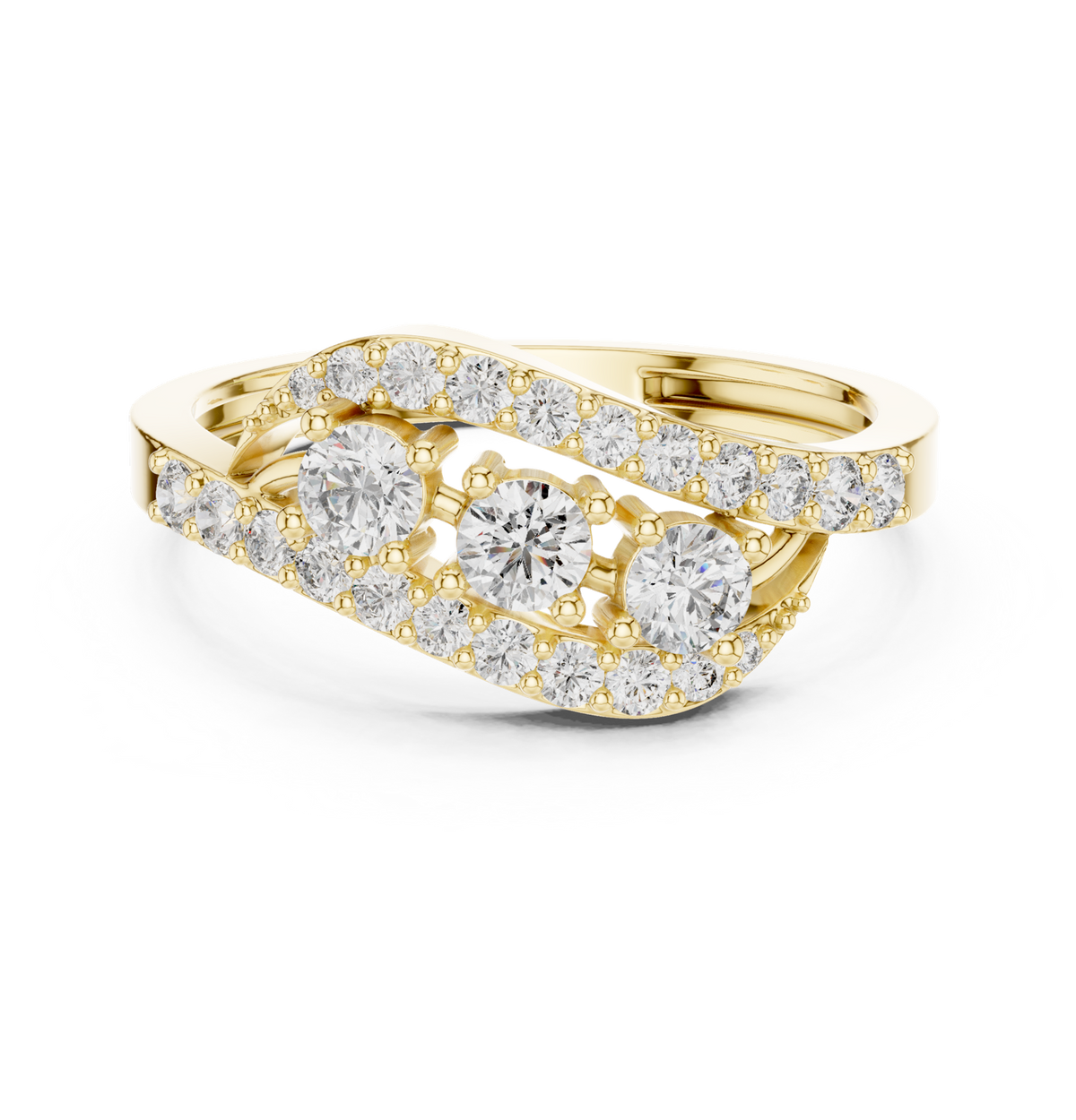14K Solid Gold Lab Diamond Three-Stone Ring, Yellow Gold