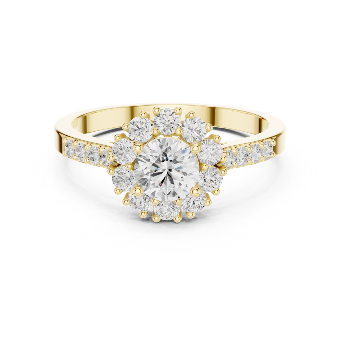 14K Solid Gold Lab Diamond Halo Ring, Yellow Gold