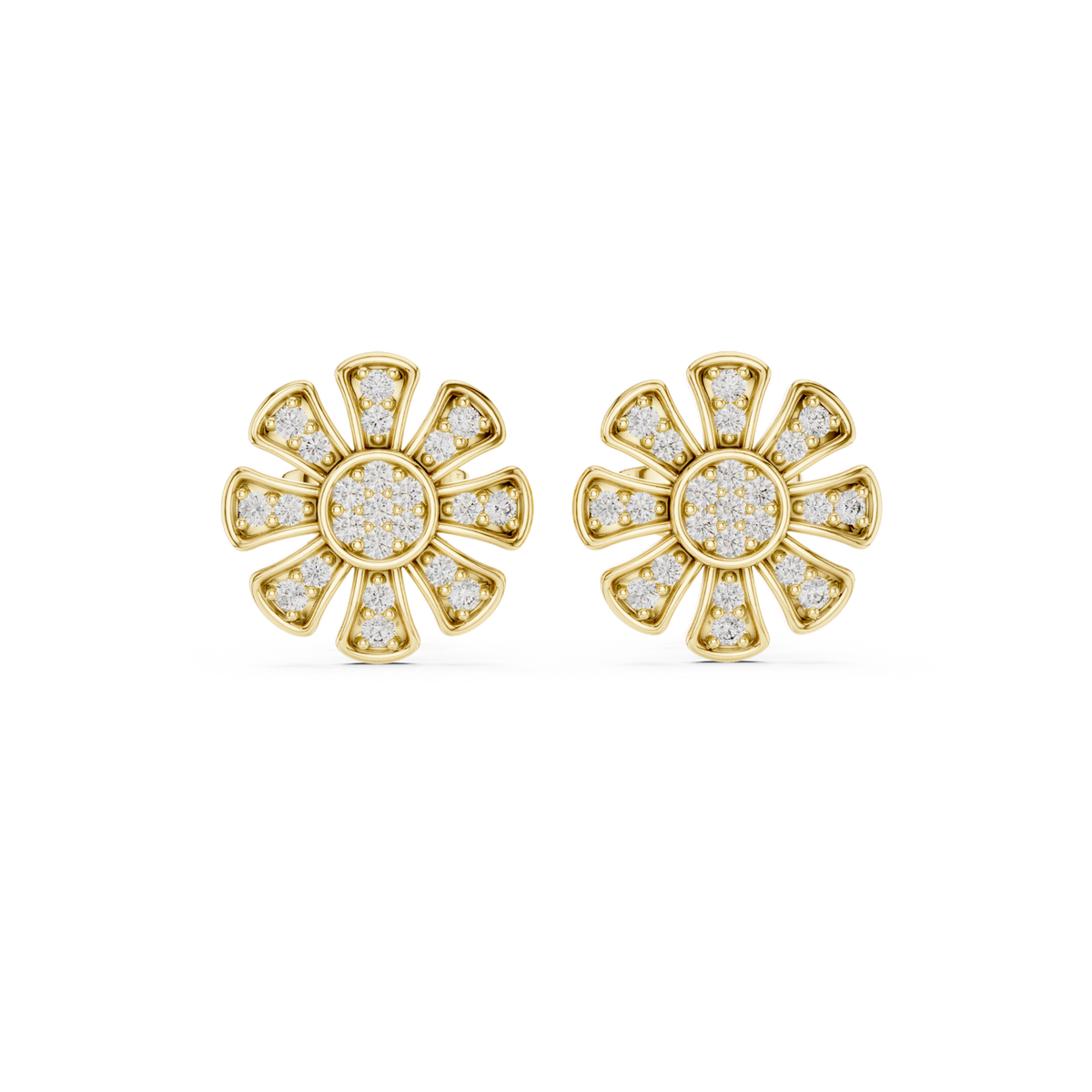 14K Solid Gold Lab Diamond Flower Halo Earrings, Yellow Gold