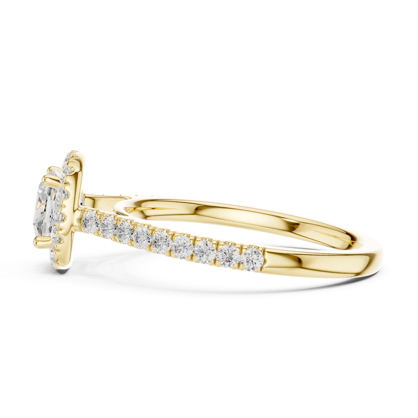 Gold Halo Pave Engagement Ring, Cushion center stone, Yellow Gold, view 3