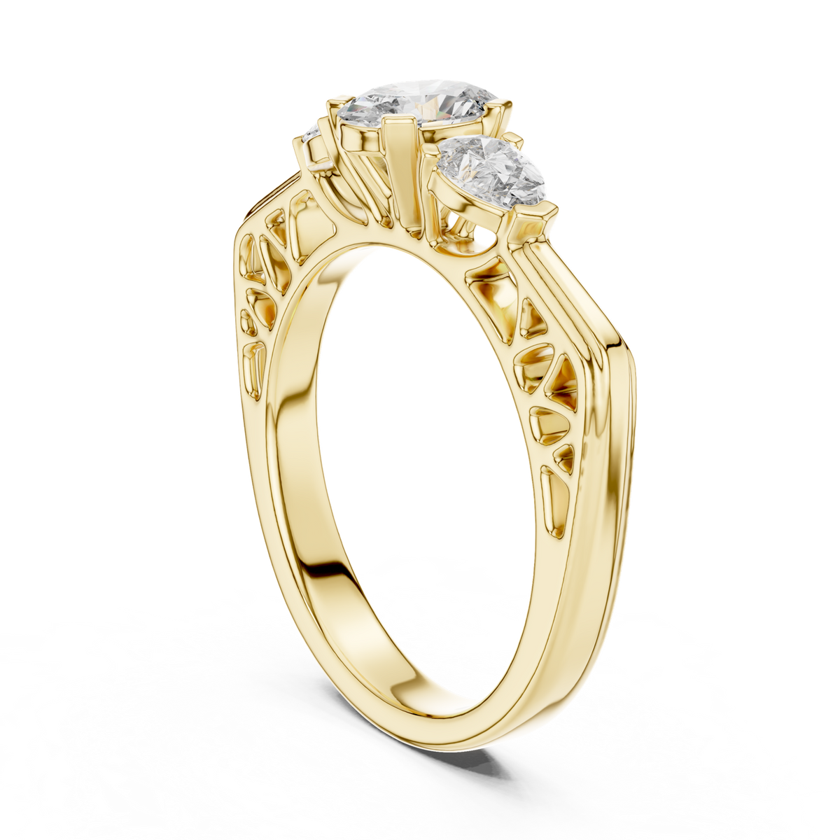 14K Solid Gold Lab Diamond Three-Stone Ring, Yellow Gold, view 1