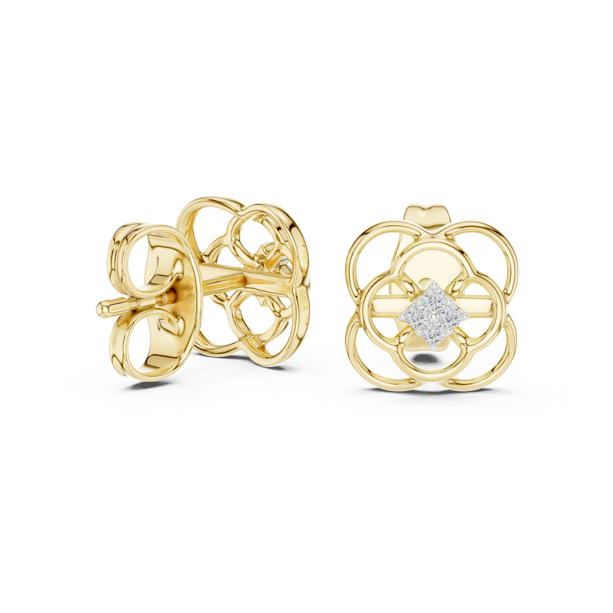 14K Solid Gold Lab Diamond Clover Cluster Earrings, Yellow Gold, view 1