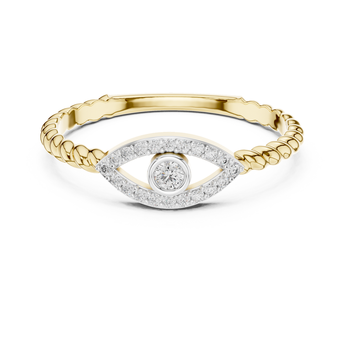 14K Solid Gold Lab Diamond Evil Eye Halo Ring, Yellow Gold