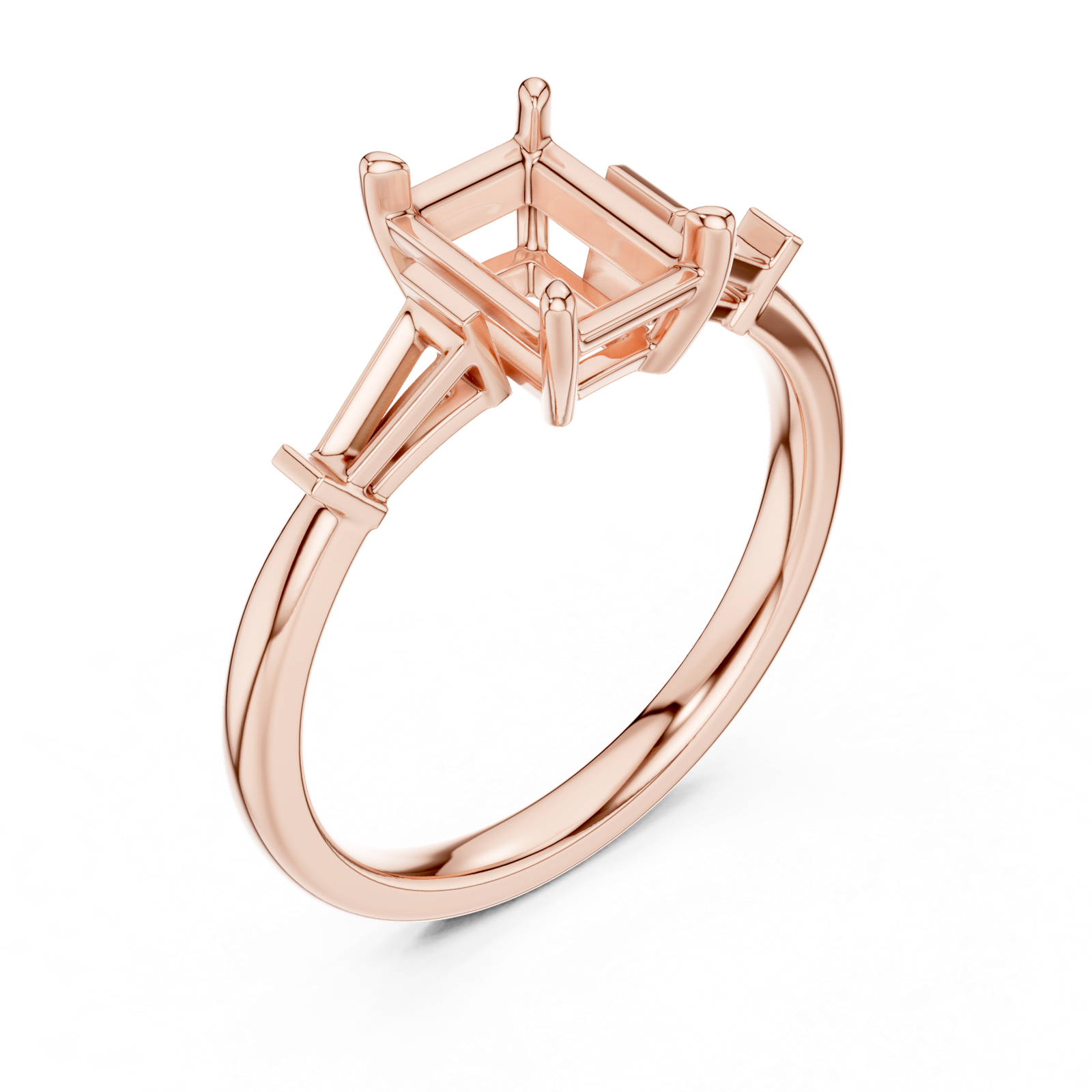 Gold Three-Stone Baguette Engagement Ring, Emerald center stone, Rose Gold, view 2