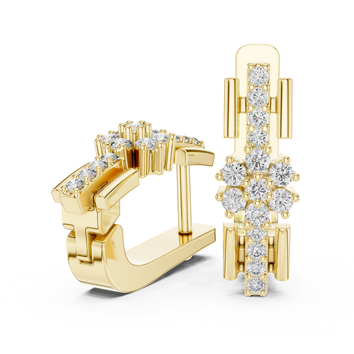 14K Solid Gold Lab Diamond Flower Huggie Earrings, Yellow Gold, view 1