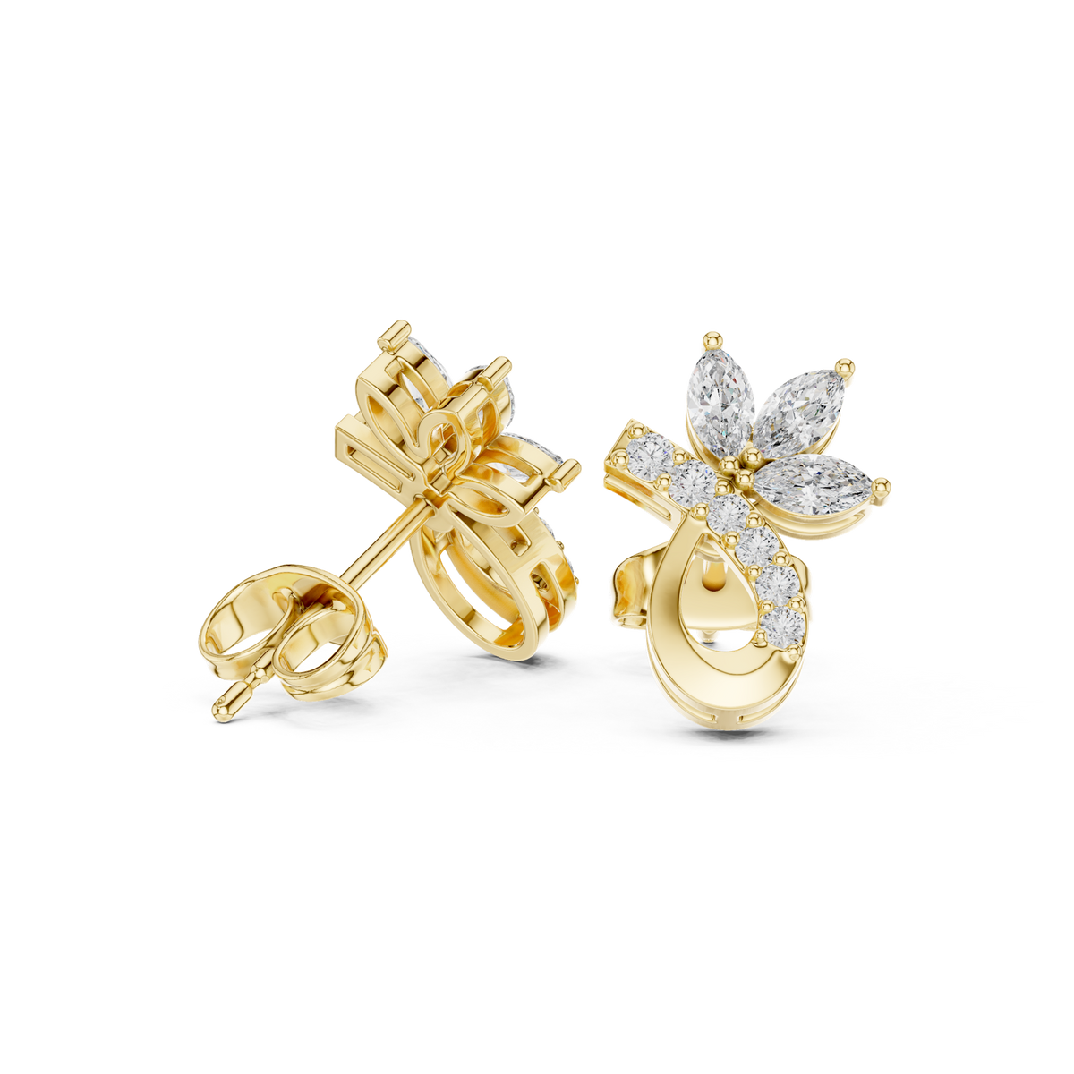 14K Solid Gold Lab Diamond Flower Cluster Earrings, Yellow Gold, view 1