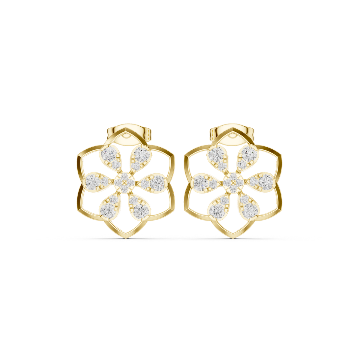 14K Solid Gold Lab Diamond Flower Cluster Earrings, Yellow Gold