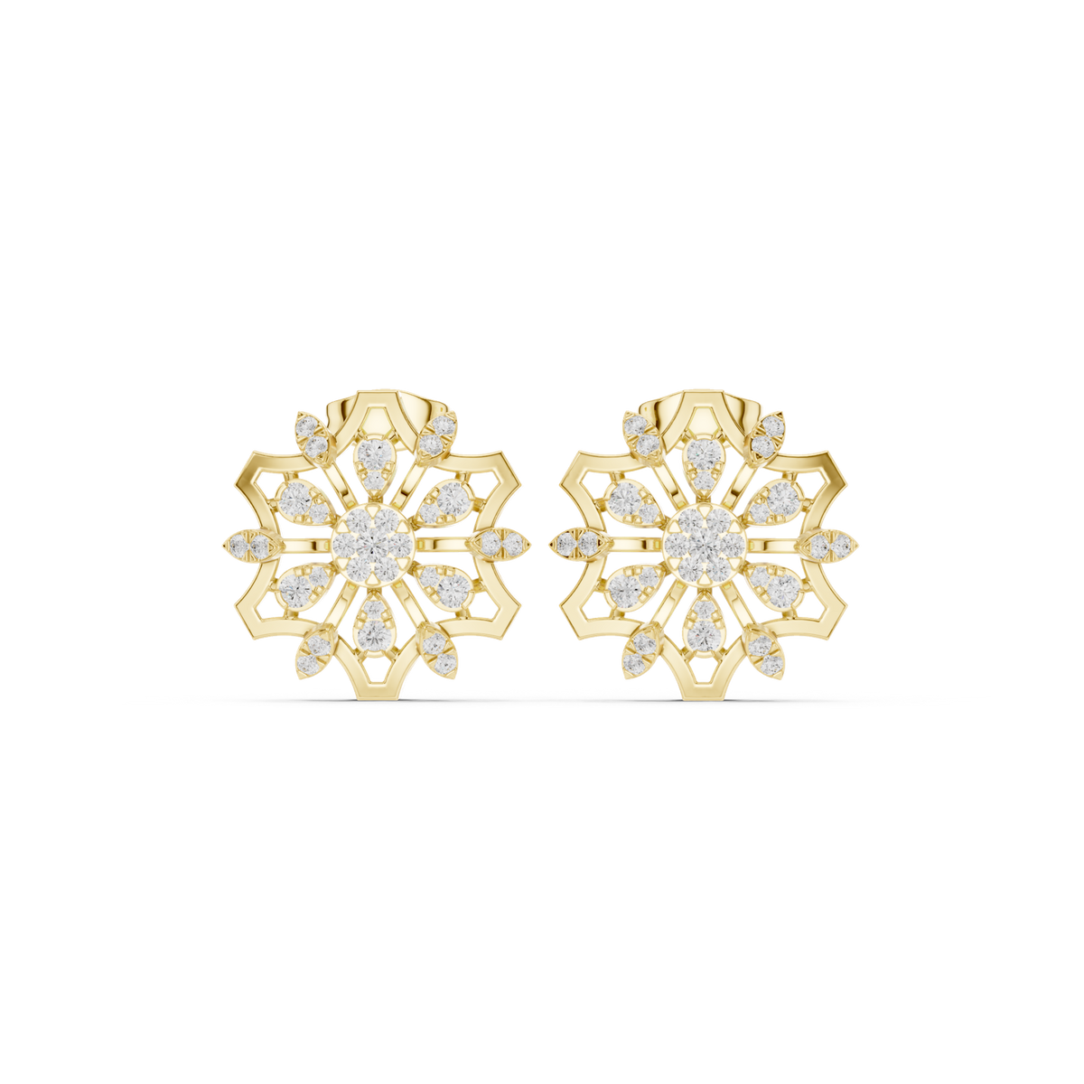 14K Solid Gold Lab Diamond Flower Cluster Earrings, Yellow Gold