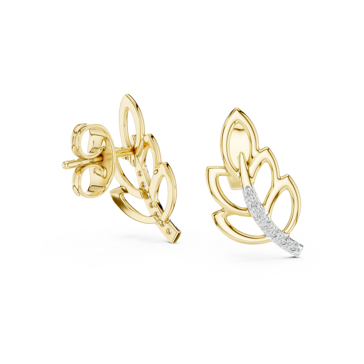 14K Solid Gold Lab Diamond Leaf Stud Earrings, Yellow Gold, view 1