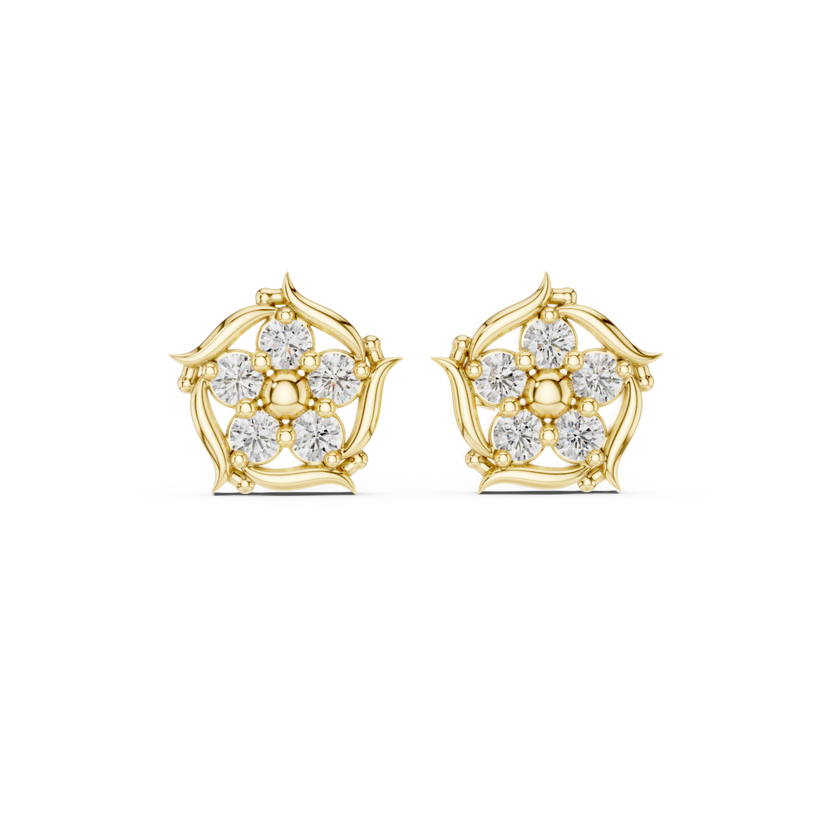 14K Solid Gold Lab Diamond Flower Cluster Earrings, Yellow Gold