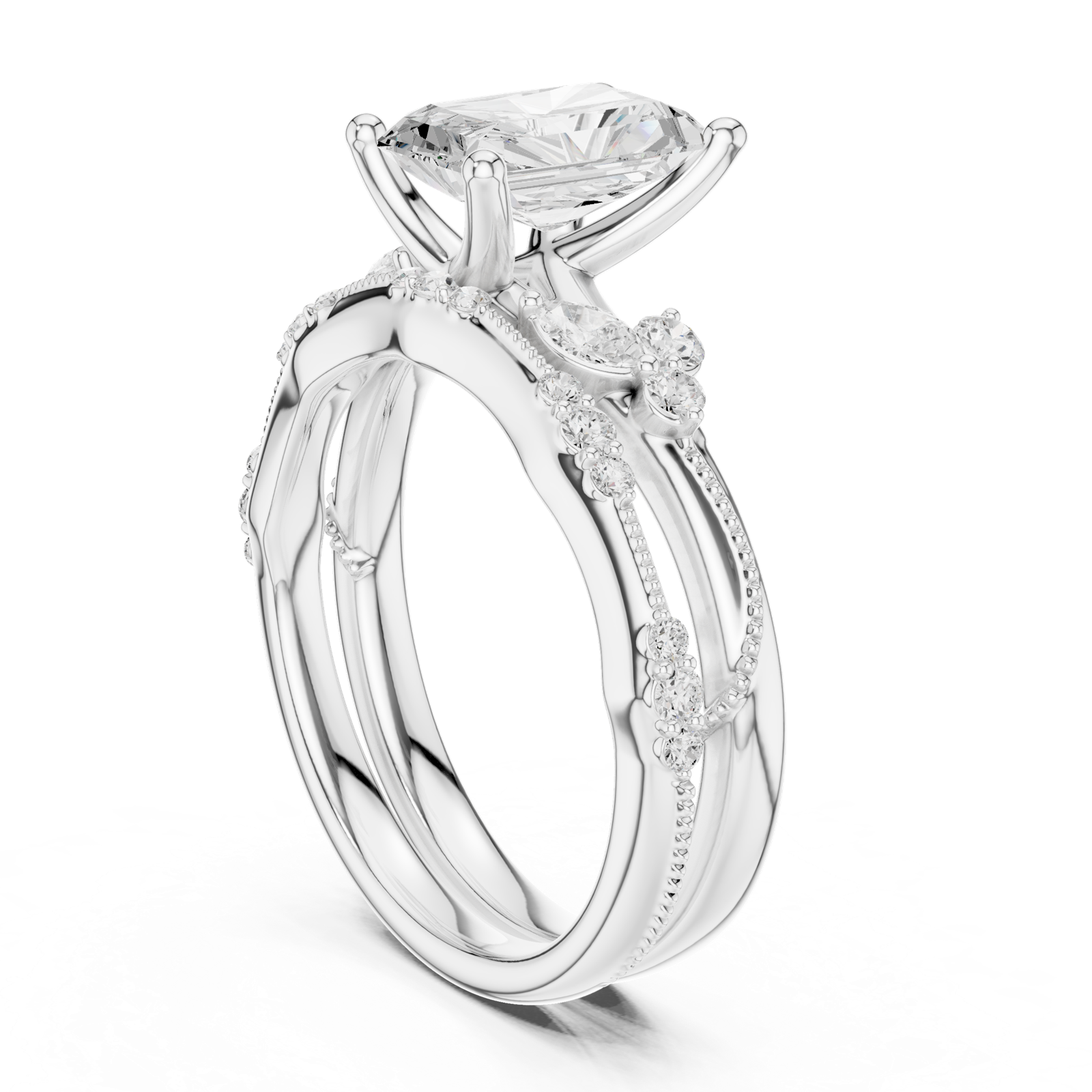 Gold Ring DDLR-299, Radiant center stone, White Gold, view 1