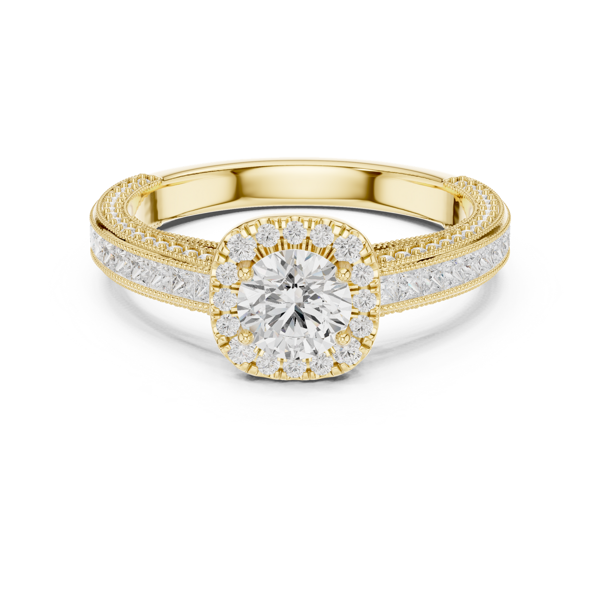 14K Solid Gold Lab Diamond Halo Ring, Yellow Gold