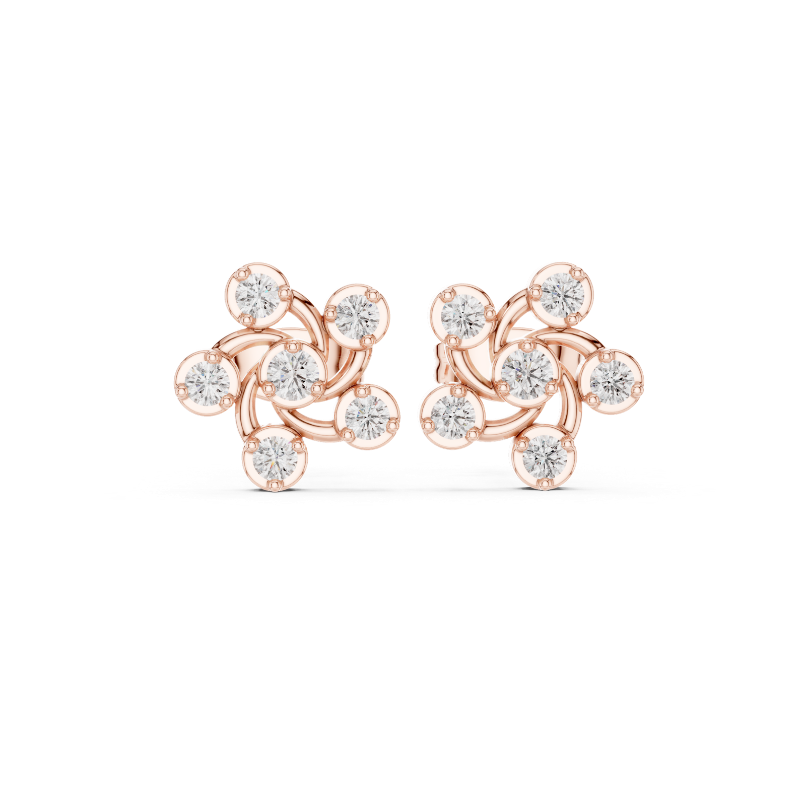 14K Solid Gold Lab Diamond Flower Cluster Earrings, Rose Gold