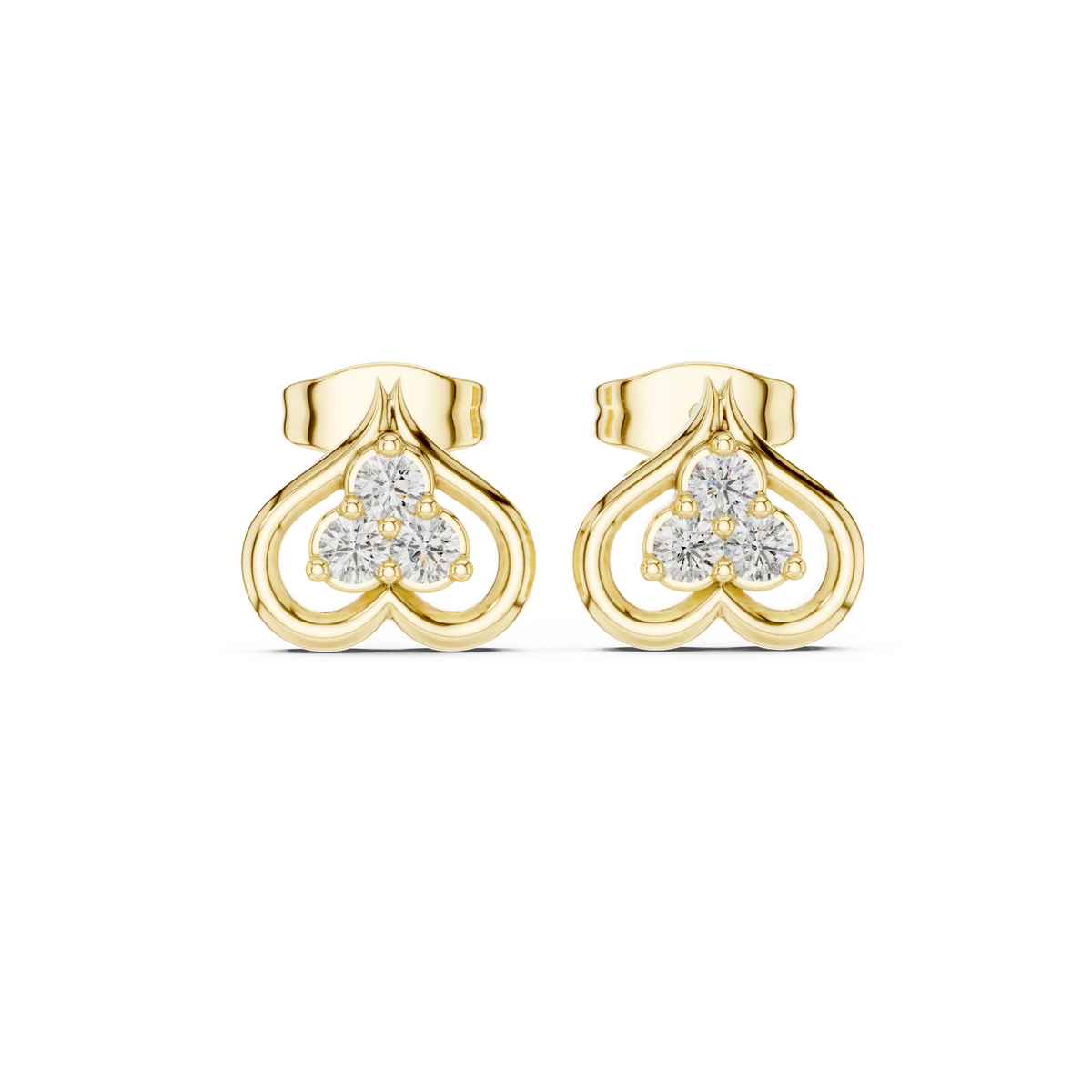 14K Solid Gold Lab Diamond Heart Cluster Earrings, Yellow Gold