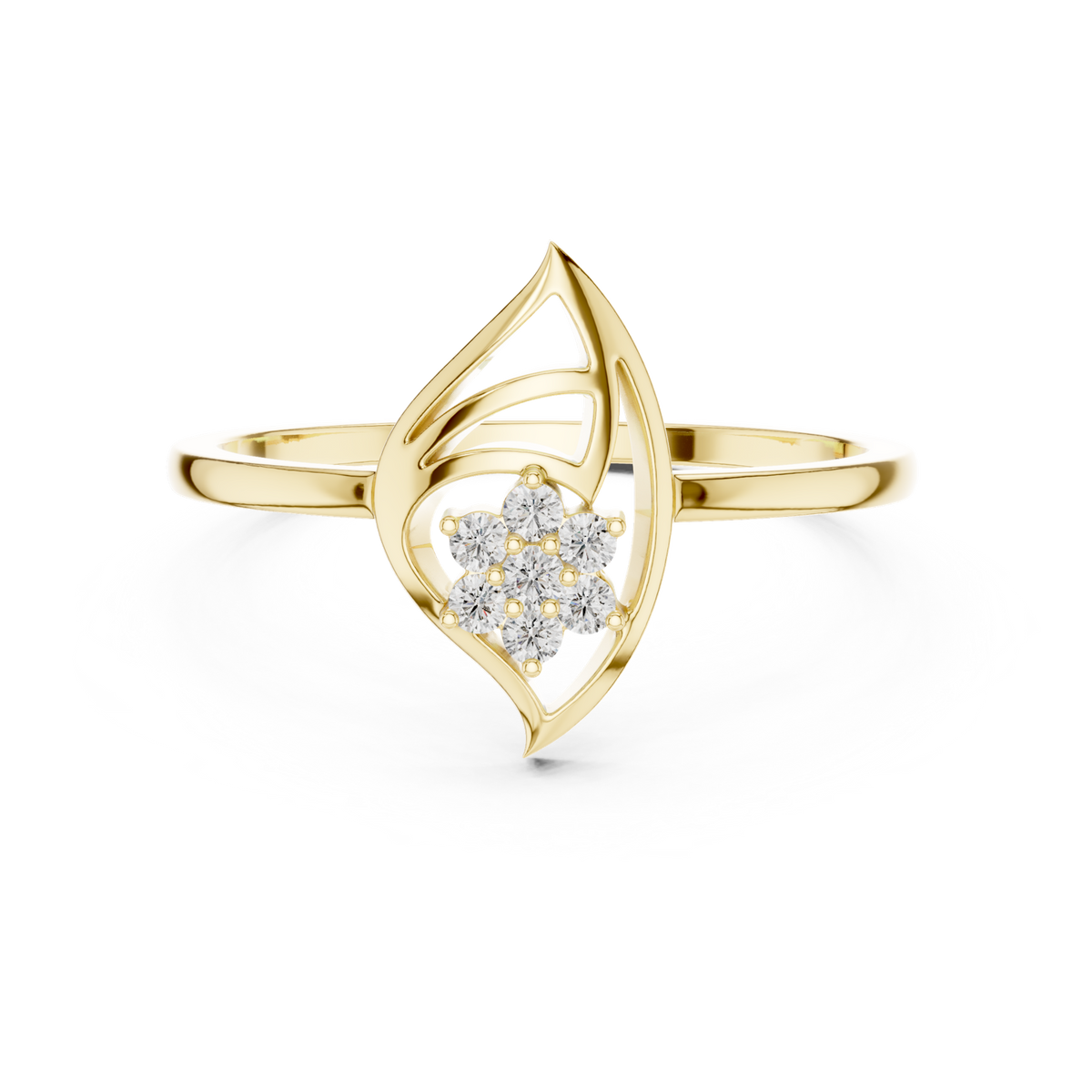 14K Solid Gold Lab Diamond Leaf Cluster Ring, Yellow Gold