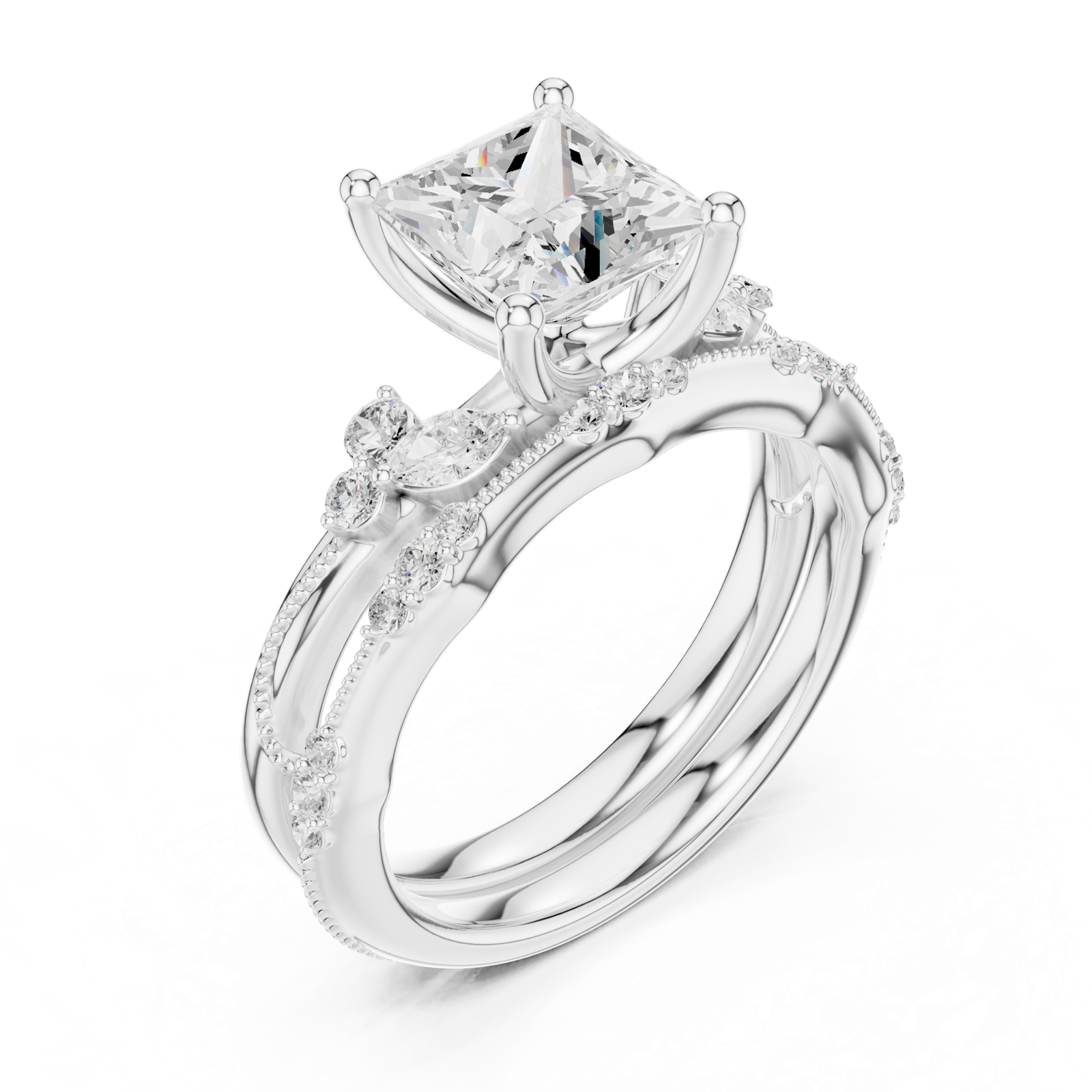 Gold Ring DDLR-299, Princess center stone, White Gold, view 2