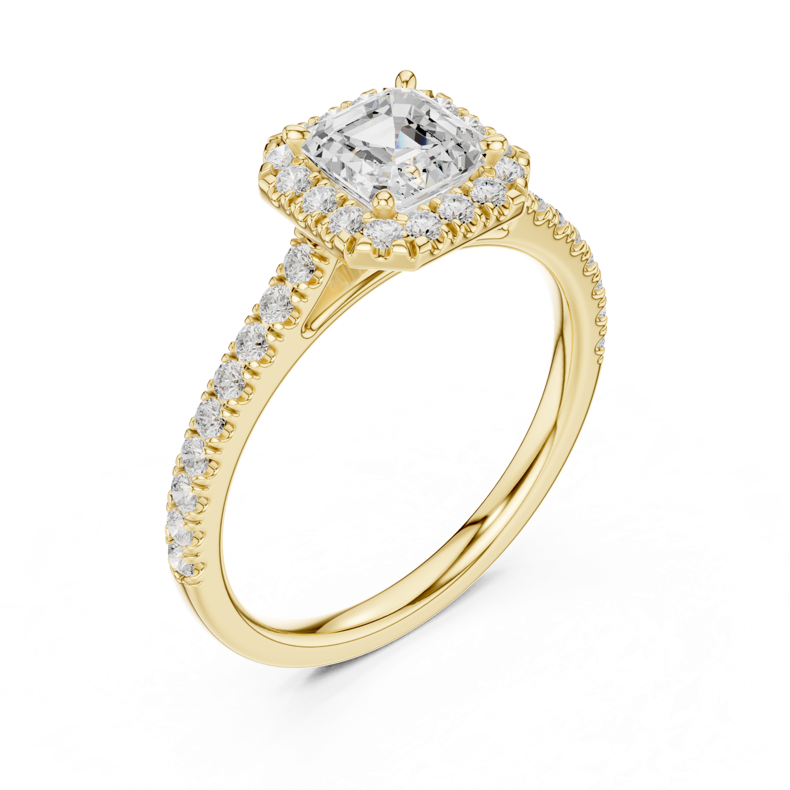 Gold Halo Pave Engagement Ring, Asscher center stone, Yellow Gold, view 2