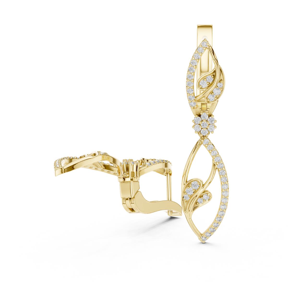 14K Solid Gold Lab Diamond Leaf Drop Earrings, Yellow Gold, view 1