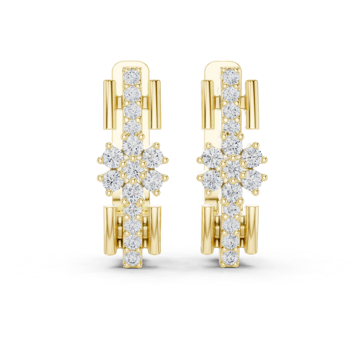 14K Solid Gold Lab Diamond Flower Huggie Earrings, Yellow Gold