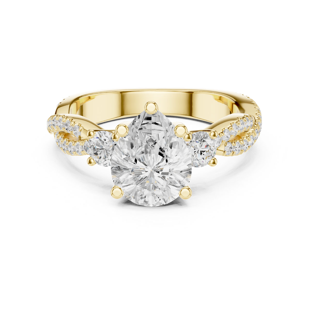 14K Solid Gold Lab Diamond Three-Stone Ring, Yellow Gold