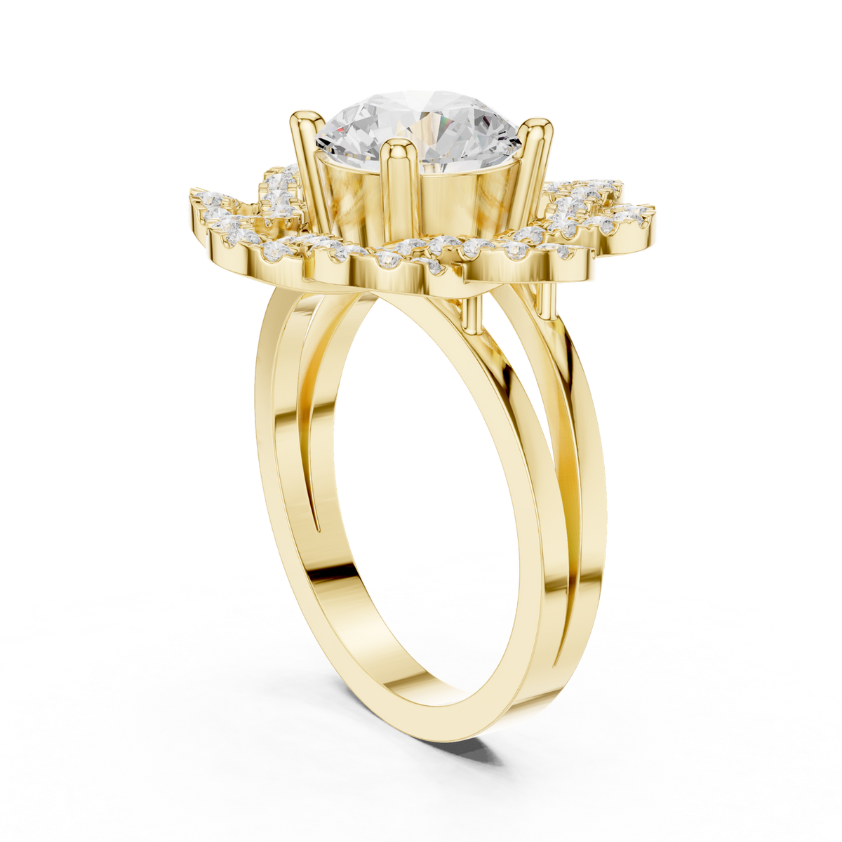 14K Solid Gold Lab Diamond Flower Halo Ring, Yellow Gold, view 1