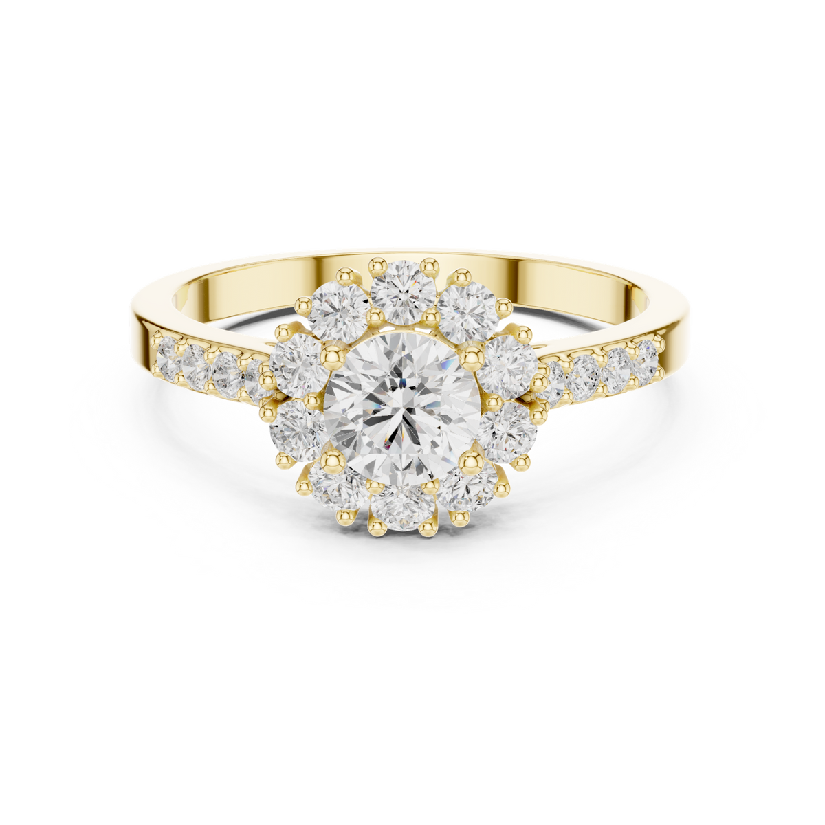 14K Solid Gold Lab Diamond Halo Ring, Yellow Gold