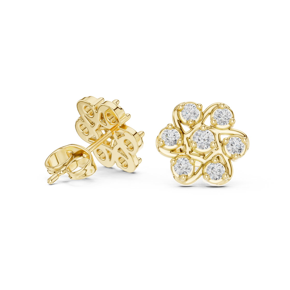 14K Solid Gold Lab Diamond Flower Cluster Earrings, Yellow Gold, view 1