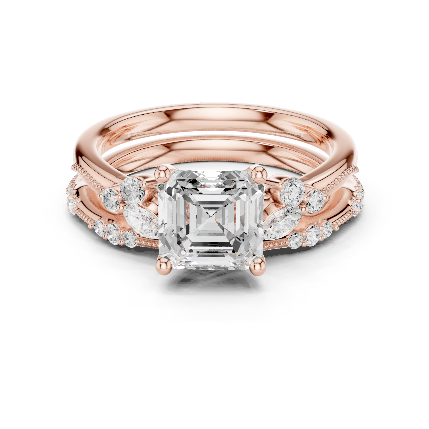 Gold Ring DDLR-299, Asscher center stone, Rose Gold