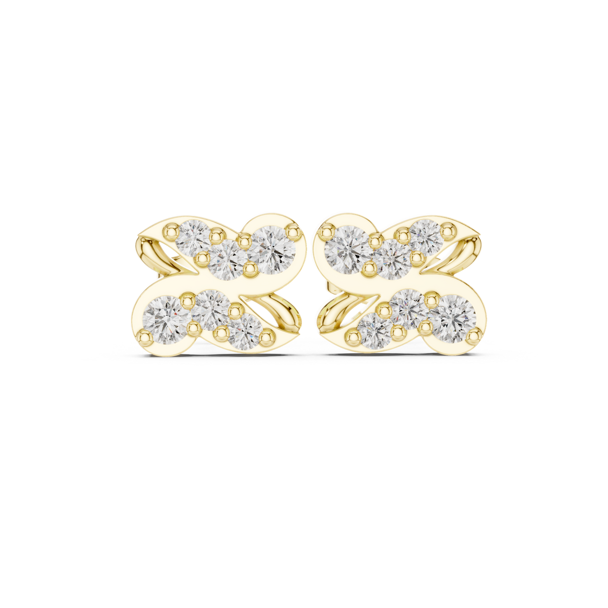 14K Solid Gold Lab Diamond Butterfly Cluster Earrings, Yellow Gold