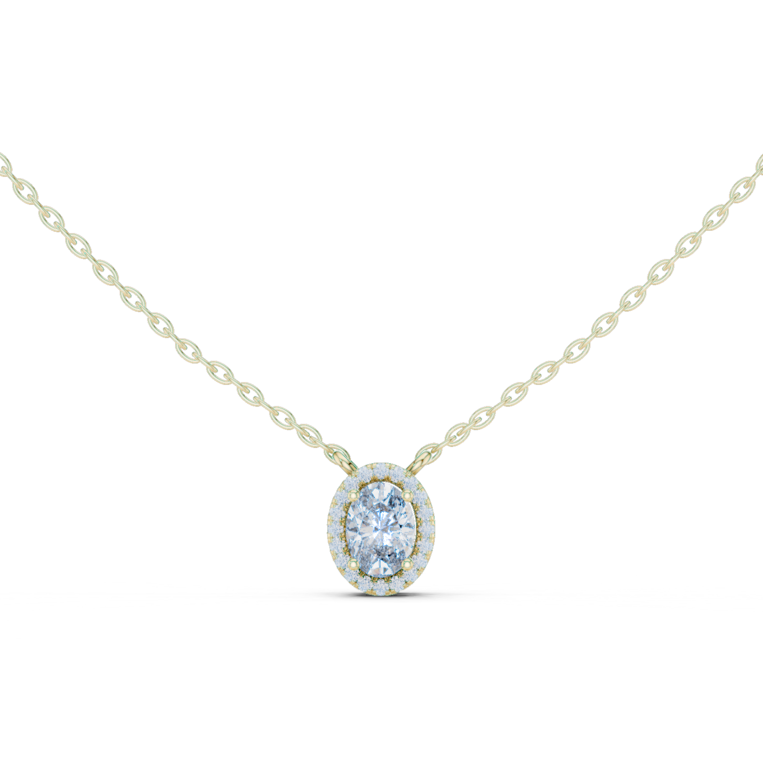 14K Solid Gold Lab Diamond Halo Pendant Necklace, Yellow Gold