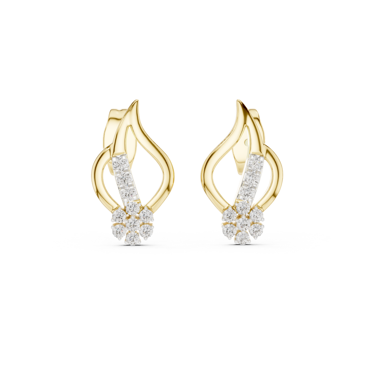 14K Solid Gold Lab Diamond Leaf Cluster Earrings, Yellow Gold