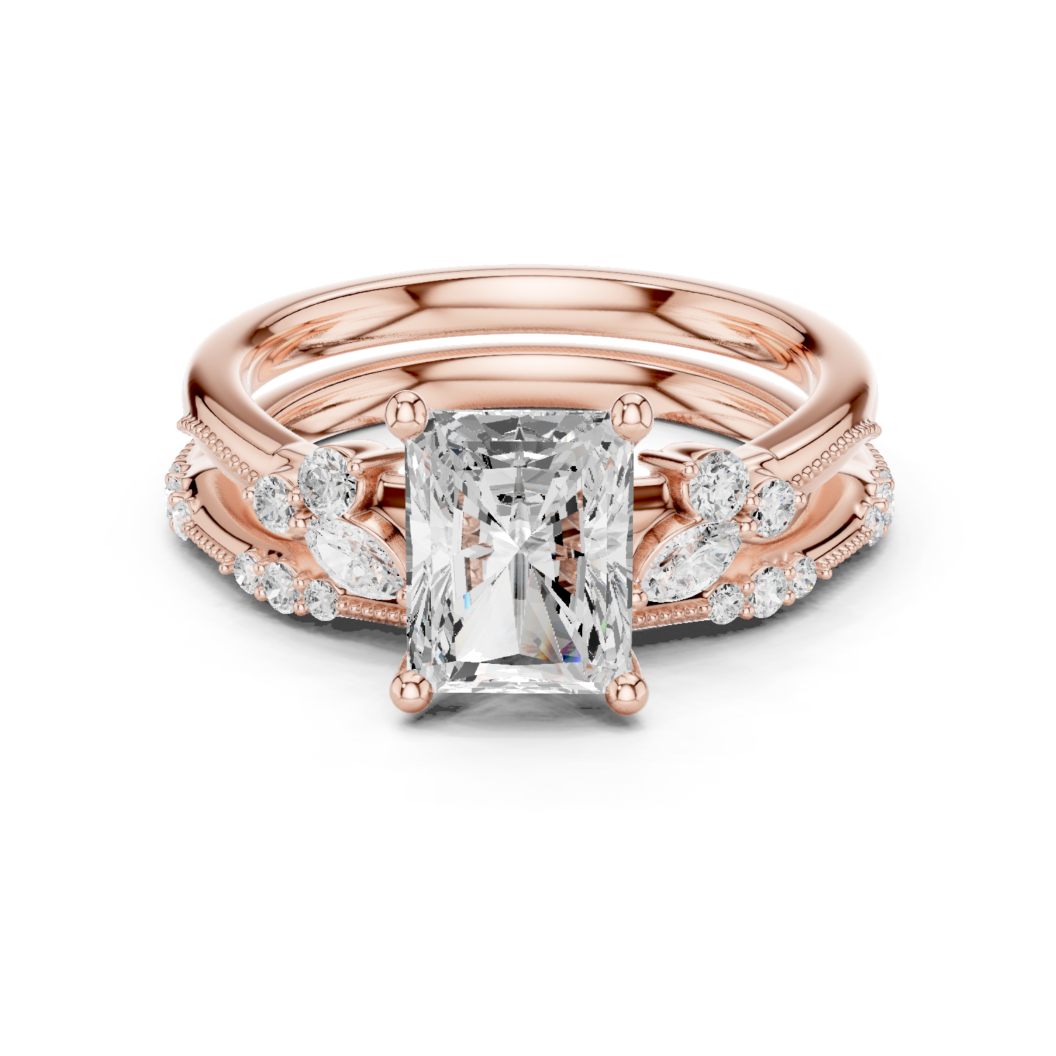 Gold Ring DDLR-299, Radiant center stone, Rose Gold