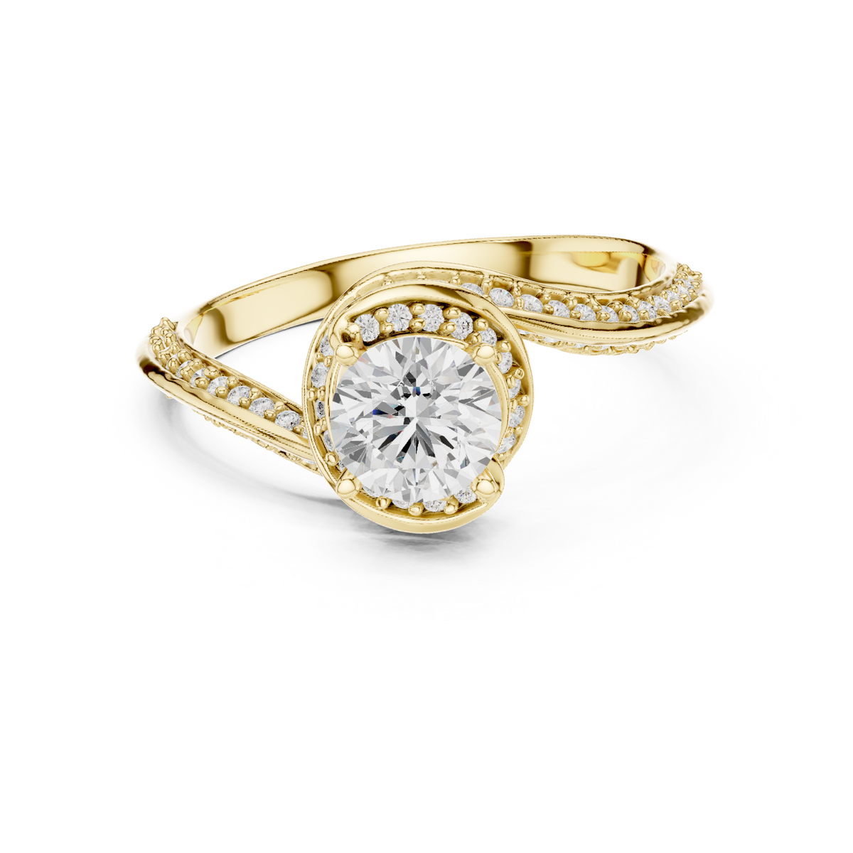 14K Solid Gold Lab Diamond Halo Ring, Yellow Gold