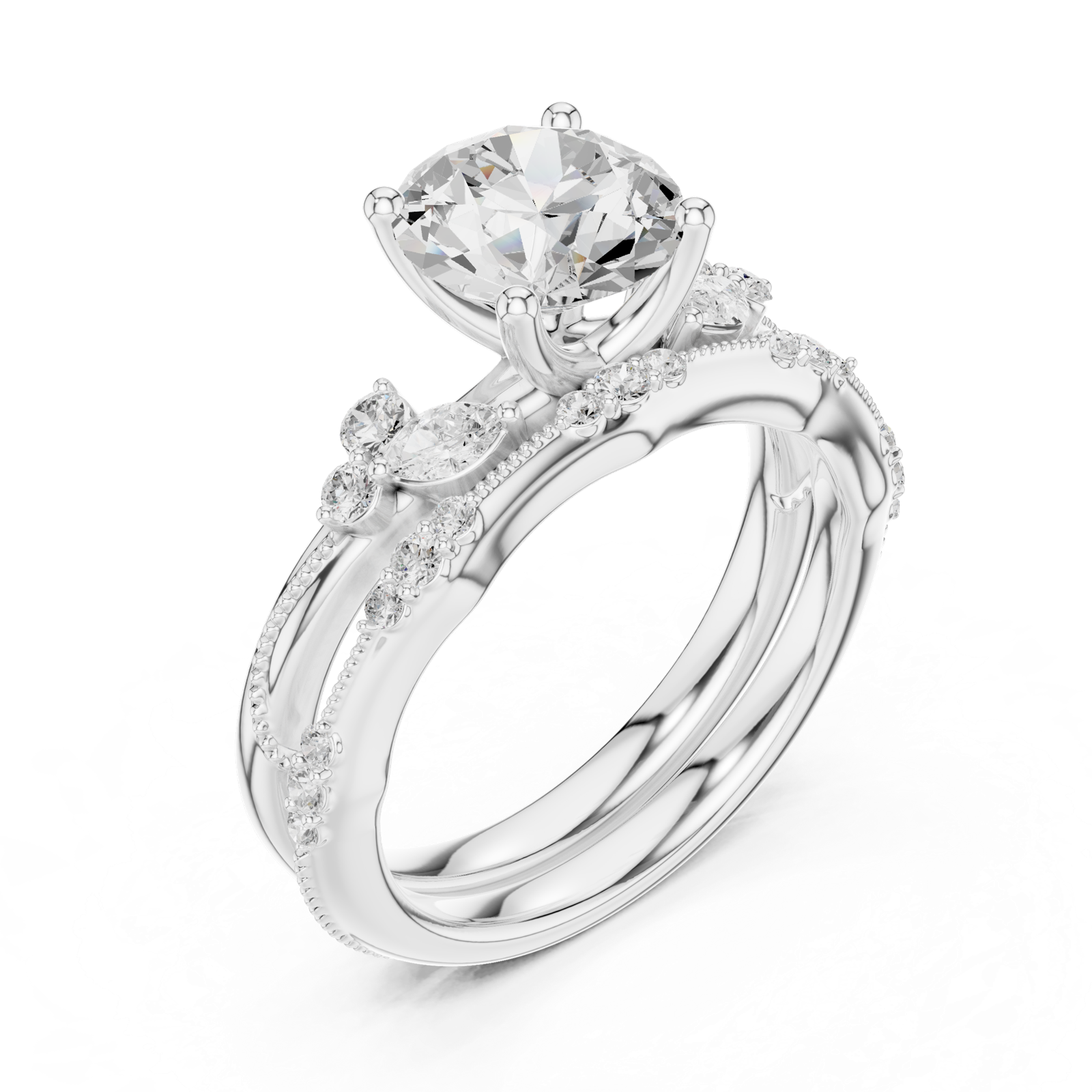 Gold Ring DDLR-299, Round center stone, White Gold, view 2