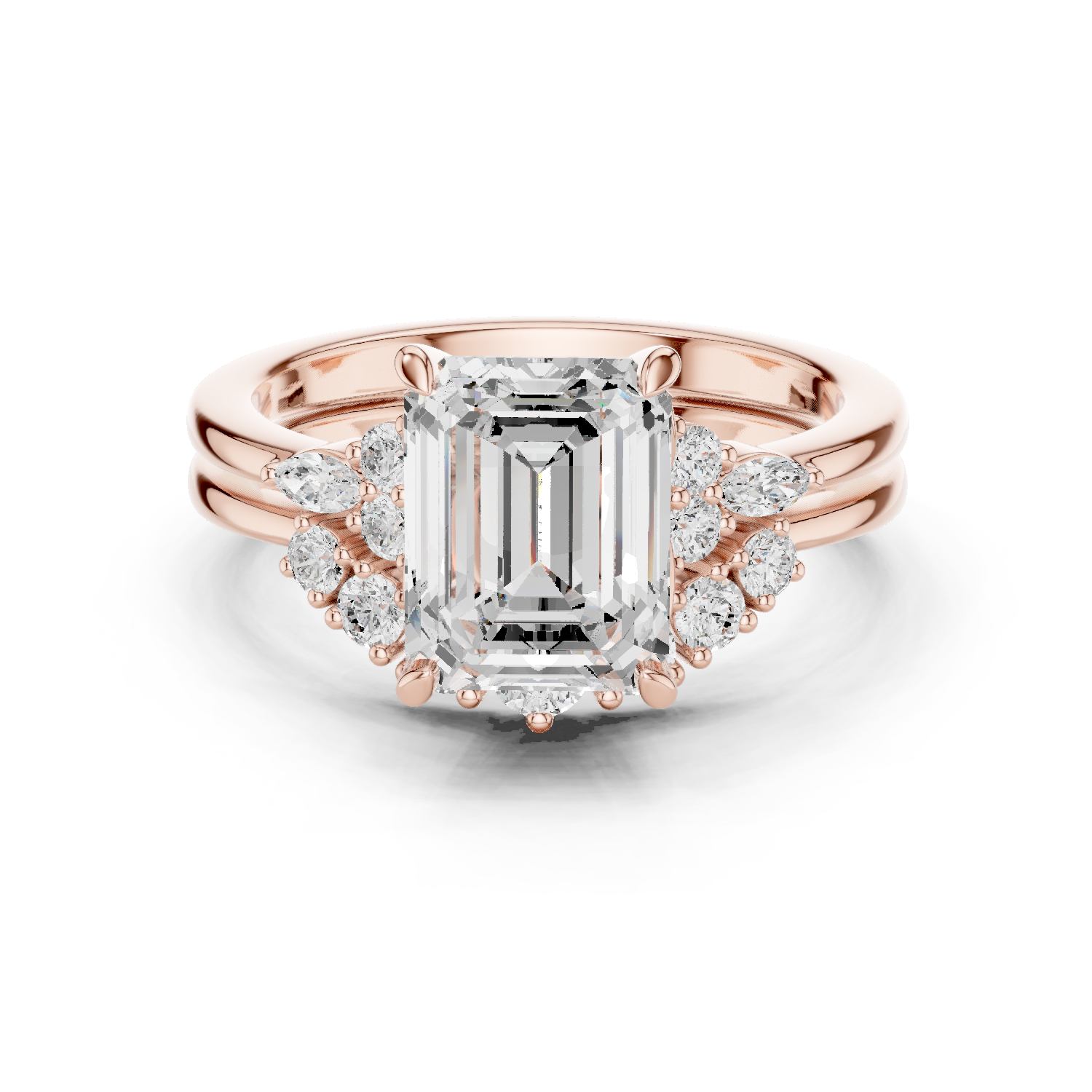 Gold Ring DDLR-440, Emerald center stone, Rose Gold