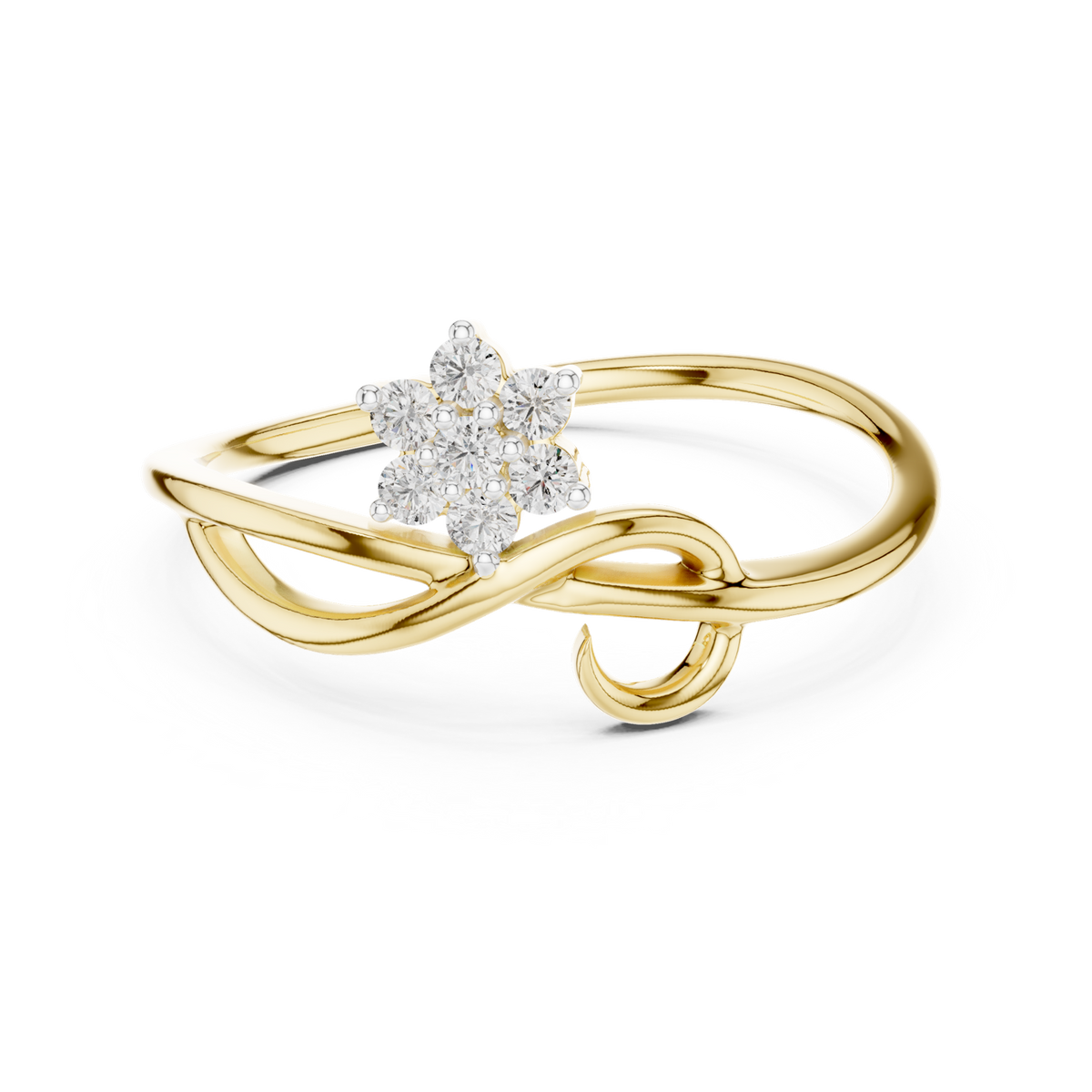 14K Solid Gold Lab Diamond Flower Twist Ring, Yellow Gold