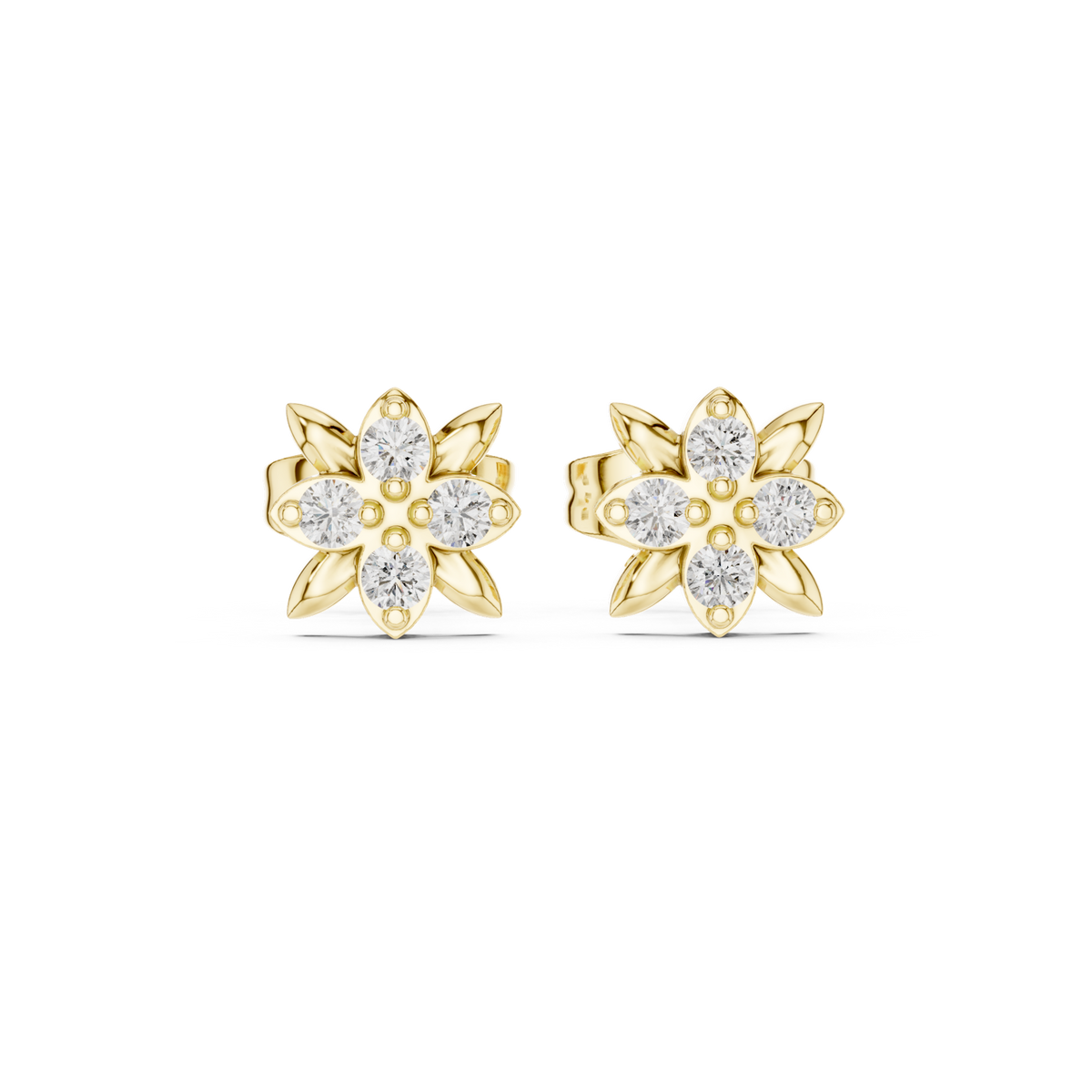 14K Solid Gold Lab Diamond Flower Cluster Earrings, Yellow Gold