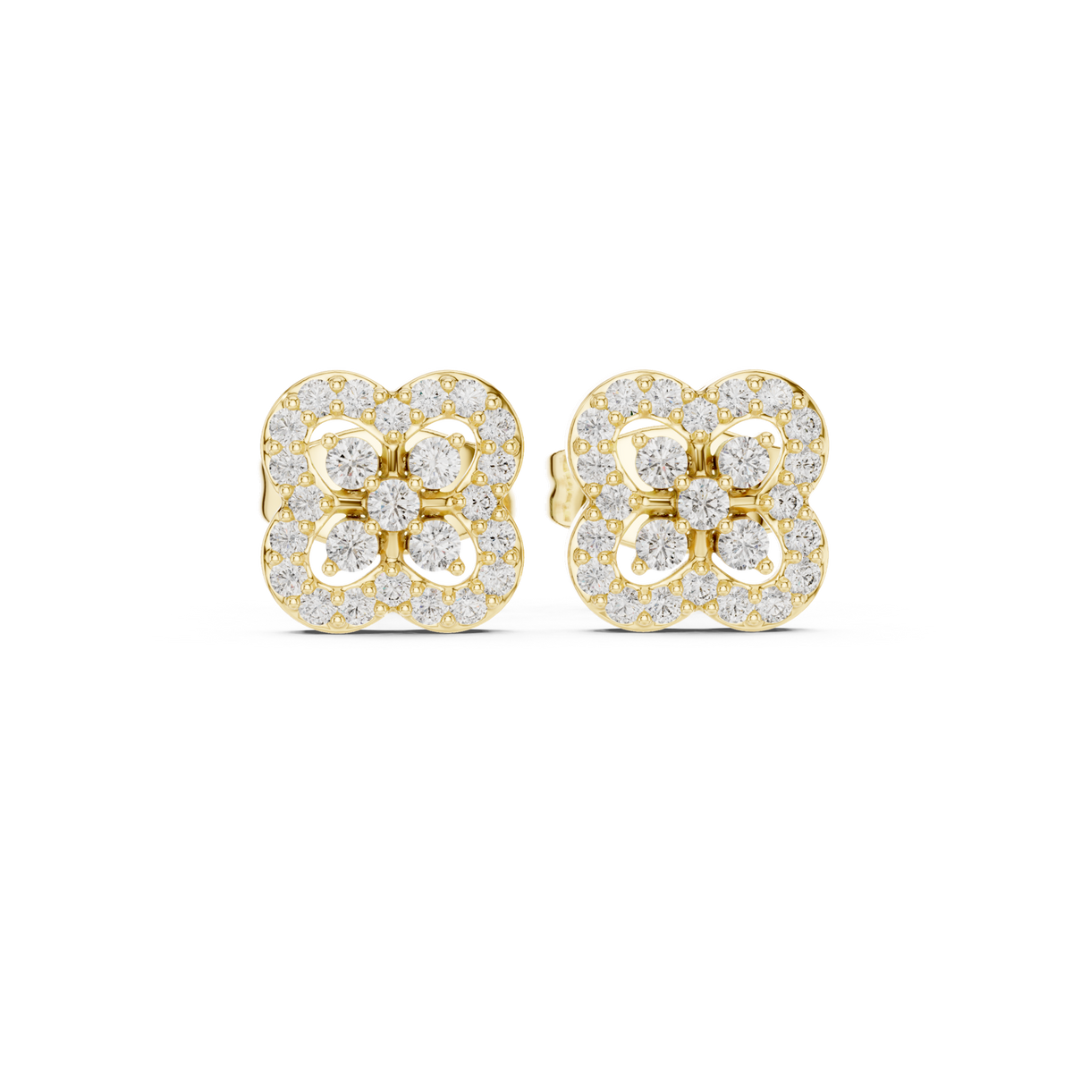 14K Solid Gold Lab Diamond Clover Cluster Earrings, Yellow Gold