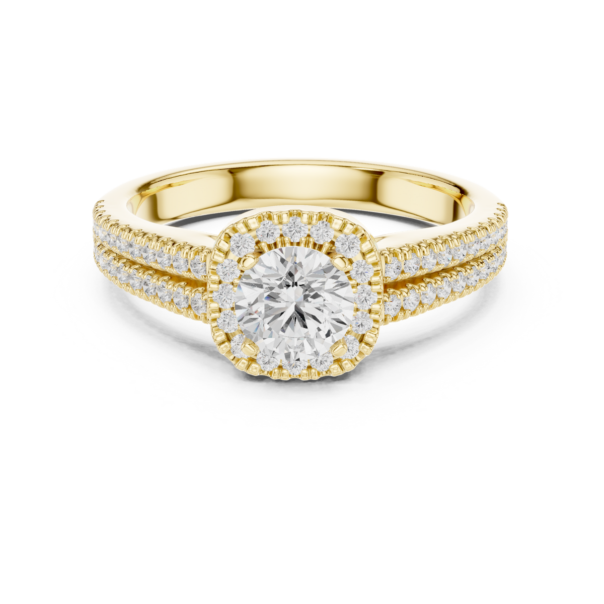 14K Solid Gold Lab Diamond Halo Ring, Yellow Gold