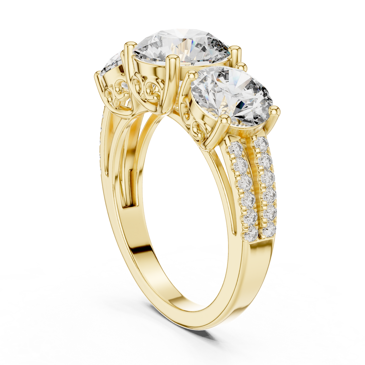14K Solid Gold Lab Diamond Three-Stone Ring, Yellow Gold, view 1