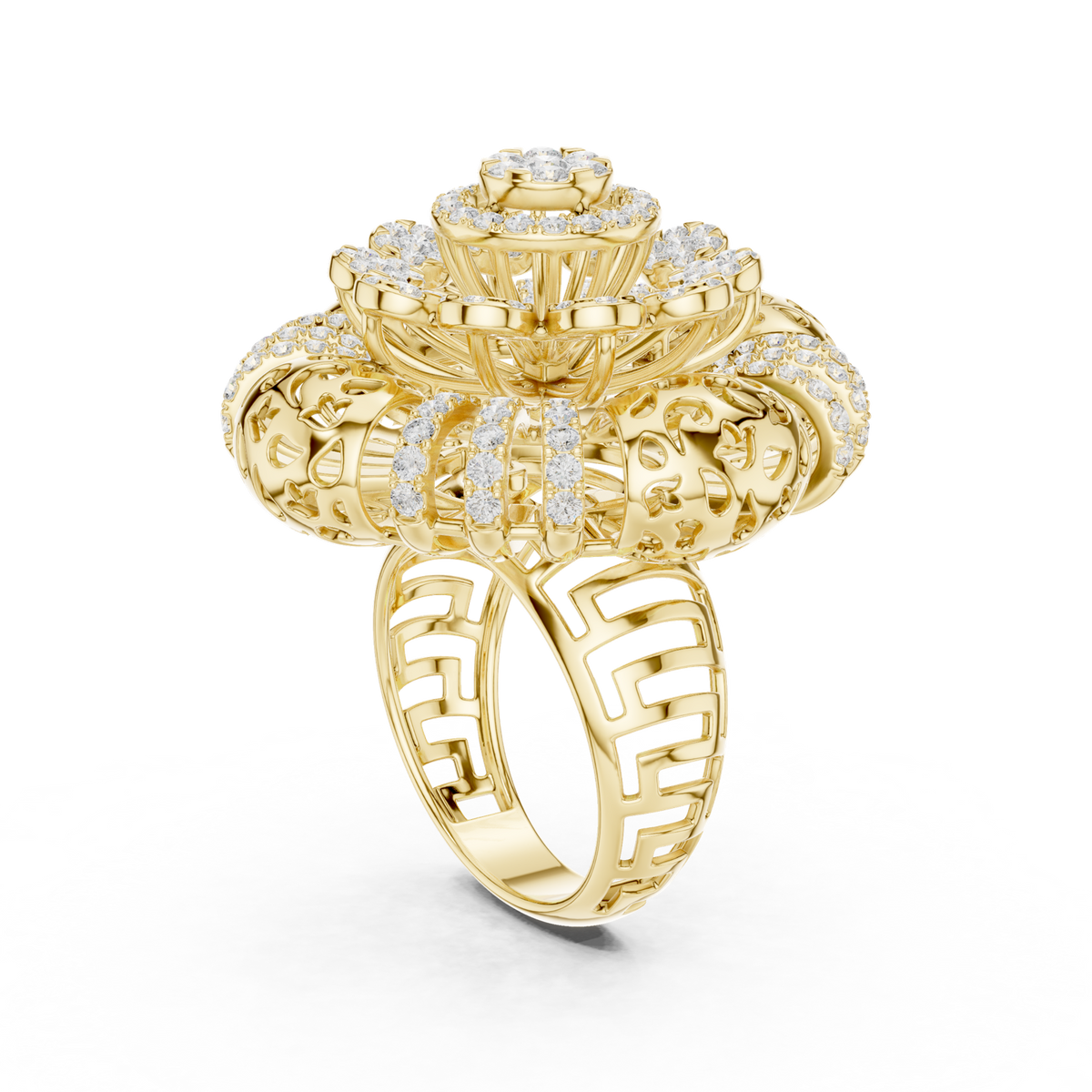 14K Solid Gold Lab Diamond Flower Vintage Ring, Yellow Gold, view 1