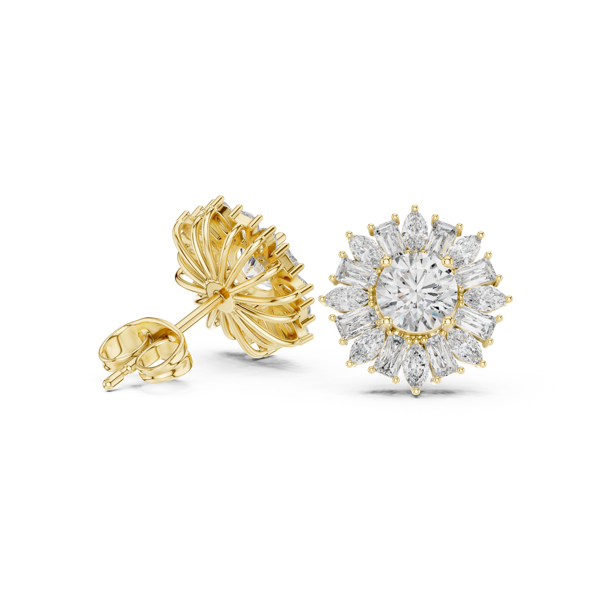 14K Solid Gold Lab Diamond Flower Halo Earrings, Yellow Gold, view 1